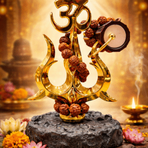 Golden Om Trishul Idol with Rudraksha Beads – Spiritual Home Decor, Puja Murti, Vastu Showpiece (4.5 Inch) | Sewak Dhoop