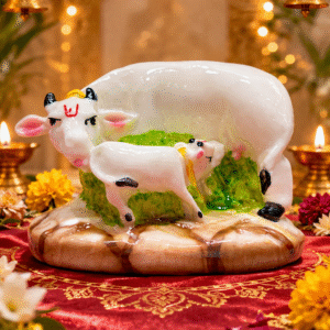Kamdhenu cow and calf idol for home temple, vastu decor religious showpiece