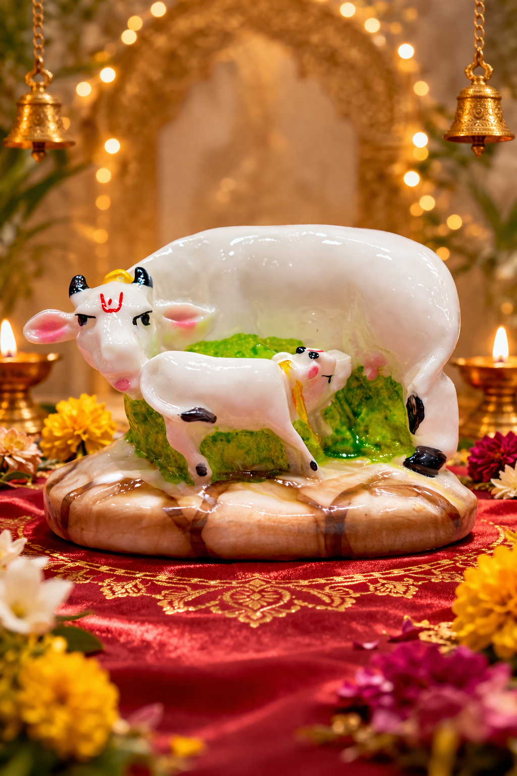 Kamdhenu cow and calf idol for home temple, vastu decor religious showpiece